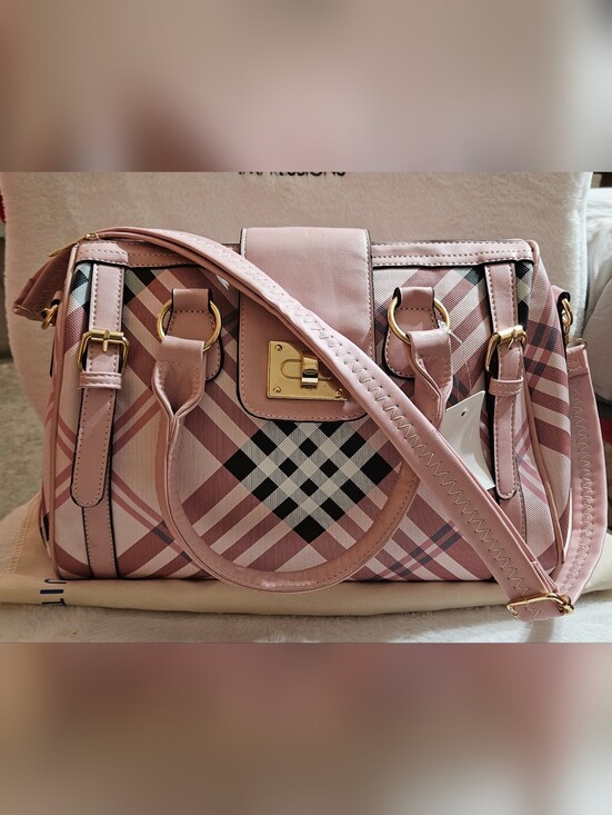 Handbags - Pink Plaid Satchel Handbag with Gold Hardware